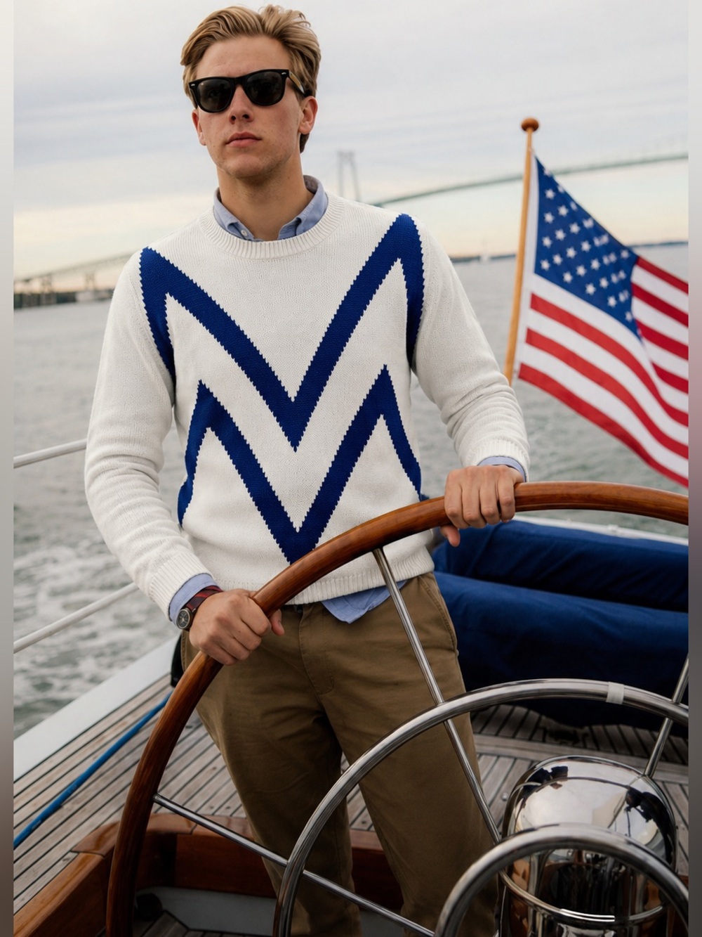 McCann Men’s Vintage Chevron Knit Sweater Ivory Blue Old Money Preppy Pullover L